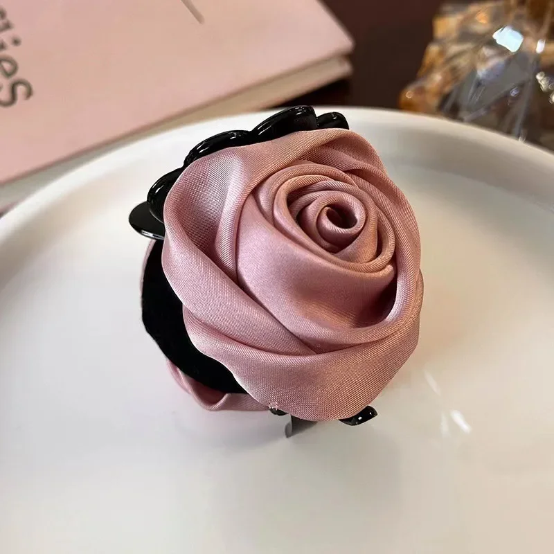 French Big Rose Flower Hair Claw Clips for Women Girls Vintage Satin Solid Fabric Handmade Shark Hairgrip Accessories New