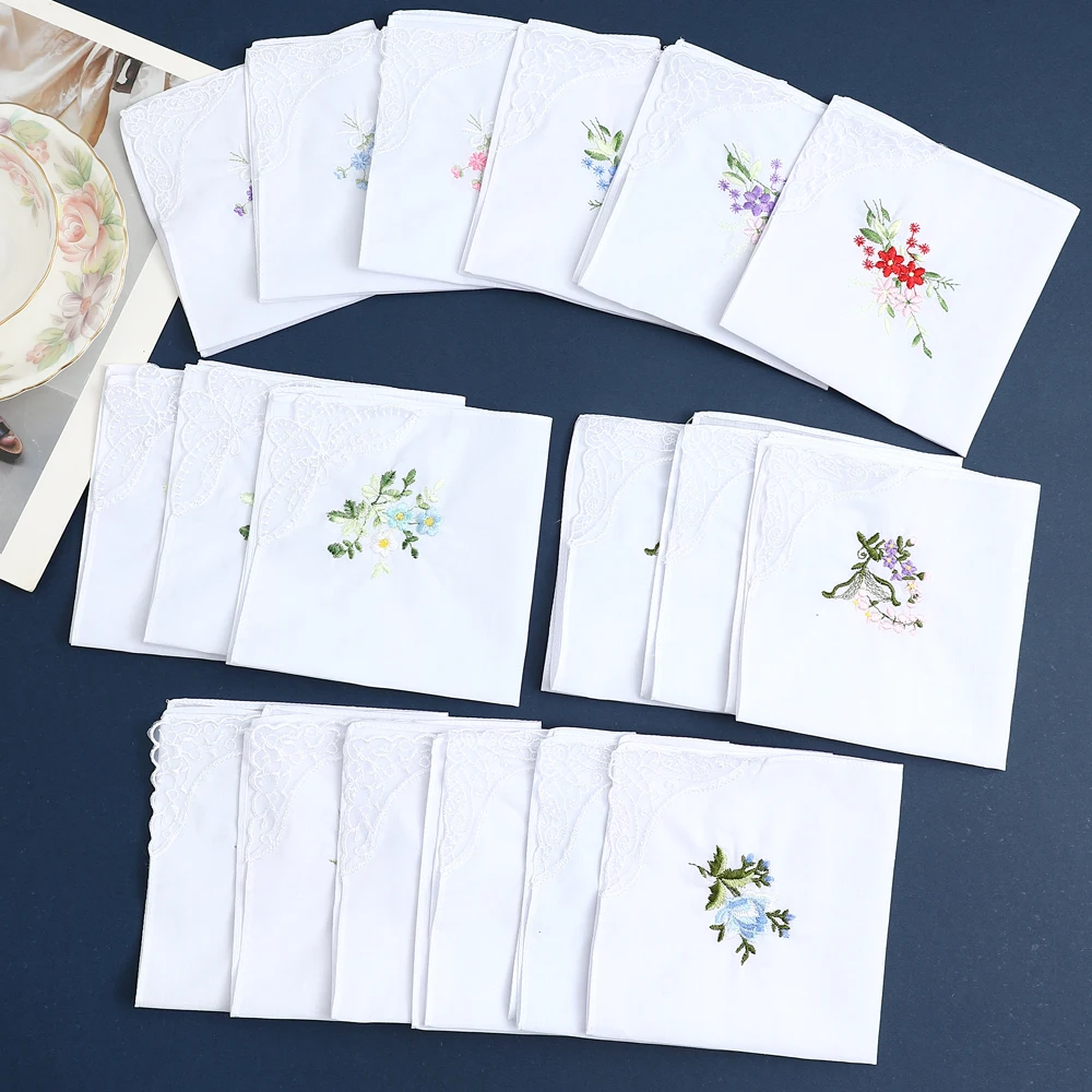12 Pack of Women's Elegant Lace Embroidered Handkerchiefs, Pure Cotton Handkerchiefs, Thin and Soft, Wedding Season Bridal Souvenirs, Mother's Day Gifts