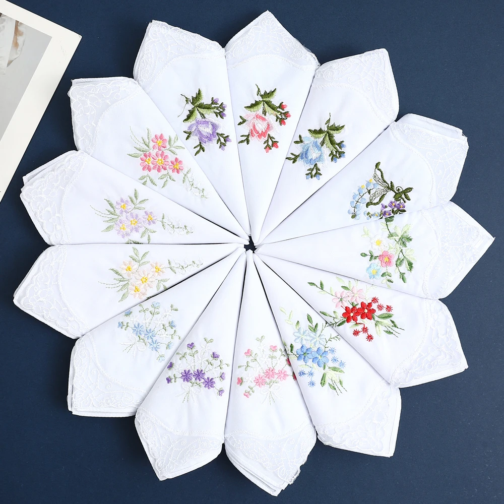 12 Pack of Women's Elegant Lace Embroidered Handkerchiefs, Pure Cotton Handkerchiefs, Thin and Soft, Wedding Season Bridal Souvenirs, Mother's Day Gifts