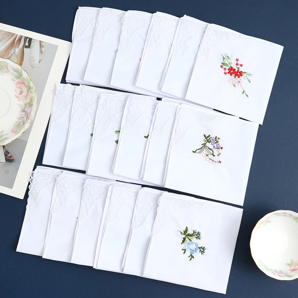 12 Pack of Women's Elegant Lace Embroidered Handkerchiefs, Pure Cotton Handkerchiefs, Thin and Soft, Wedding Season Bridal Souvenirs, Mother's Day Gifts