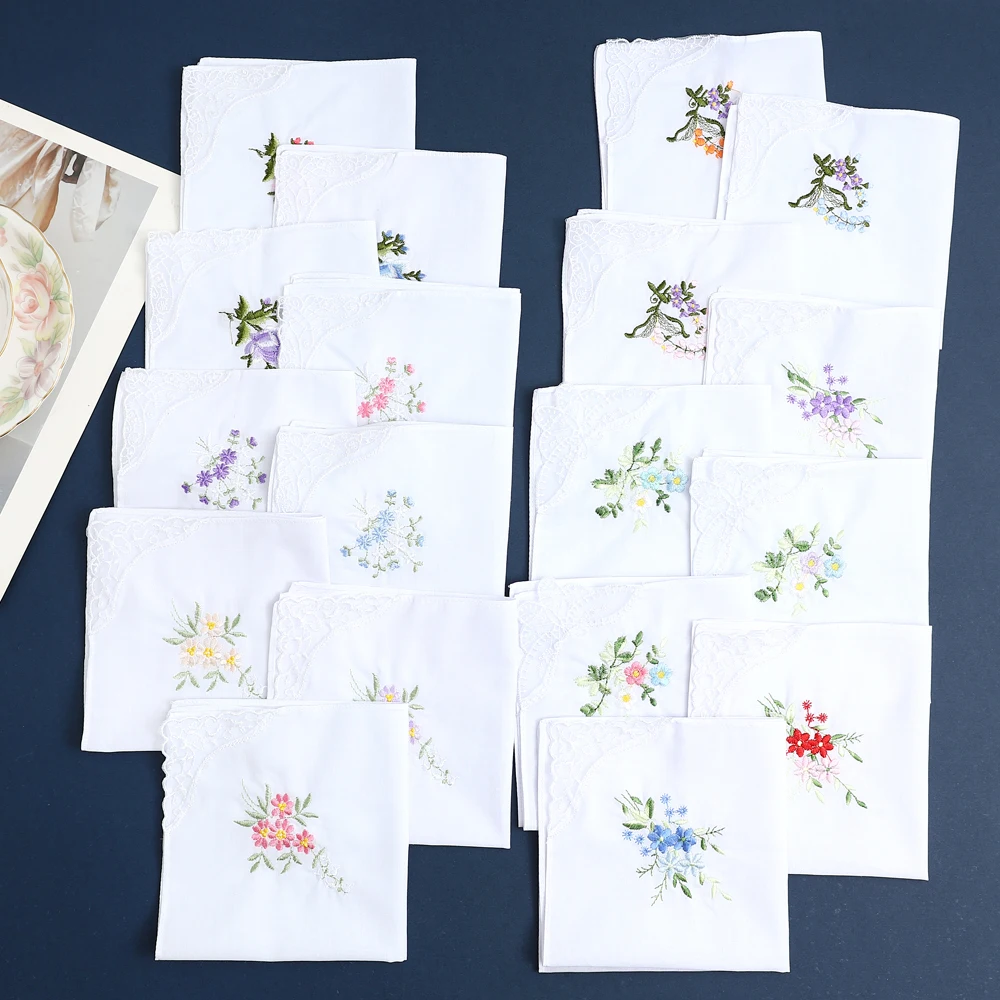 12 Pack of Women's Elegant Lace Embroidered Handkerchiefs, Pure Cotton Handkerchiefs, Thin and Soft, Wedding Season Bridal Souvenirs, Mother's Day Gifts