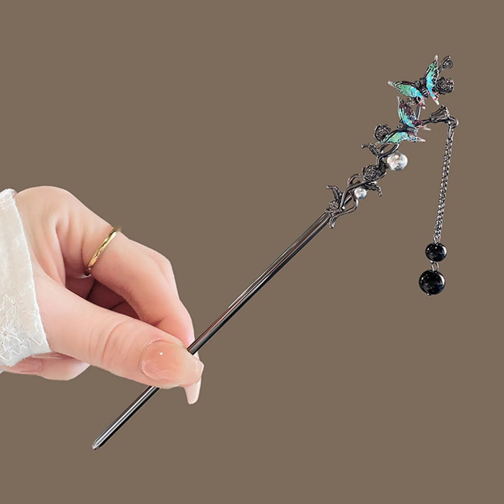 Elegant Flower Hair Sticks Forks Hair Clips Beads Chain Pendant Headpieces Women Retro Chinese Hair Accessories
