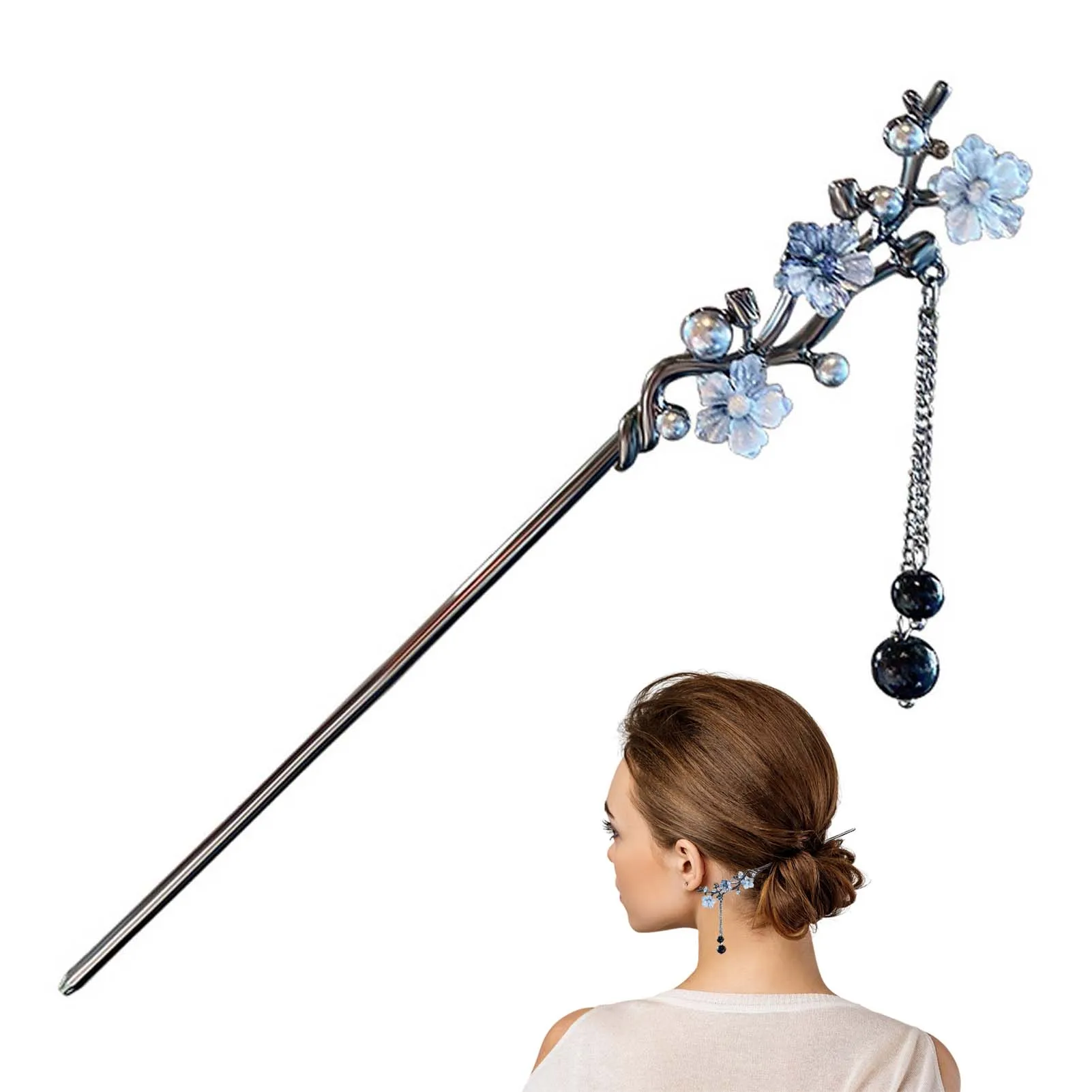 Elegant Flower Hair Sticks Forks Hair Clips Beads Chain Pendant Headpieces Women Retro Chinese Hair Accessories