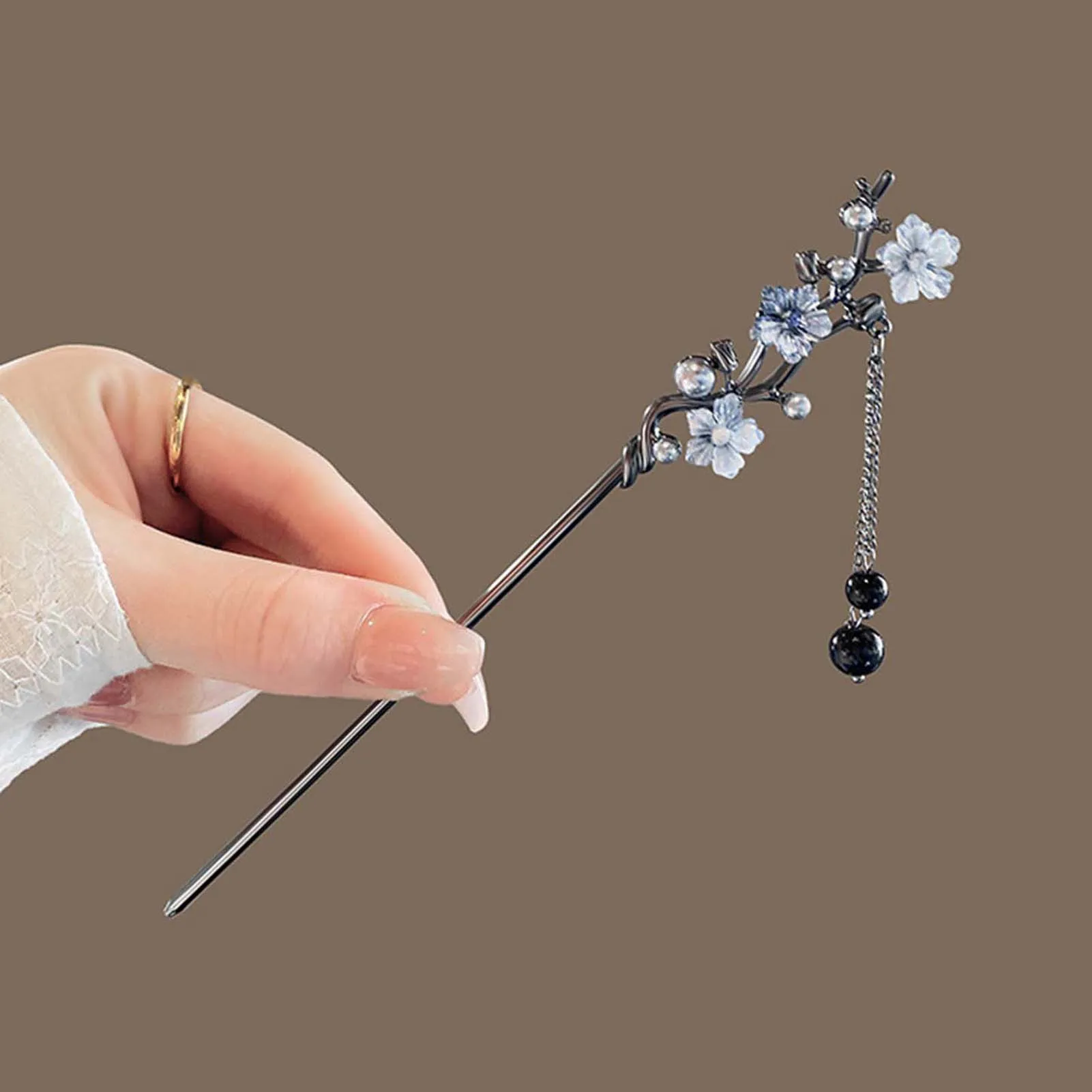 Elegant Flower Hair Sticks Forks Hair Clips Beads Chain Pendant Headpieces Women Retro Chinese Hair Accessories