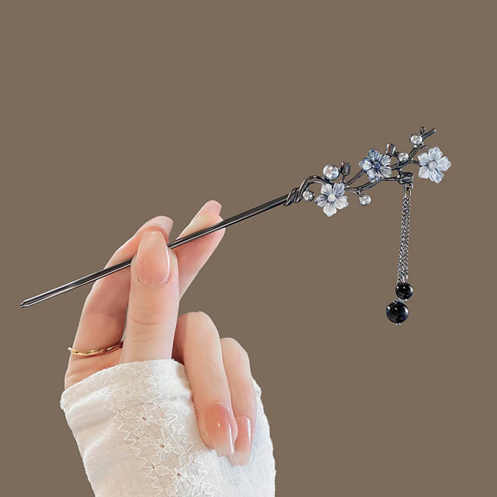 Elegant Flower Hair Sticks Forks Hair Clips Beads Chain Pendant Headpieces Women Retro Chinese Hair Accessories