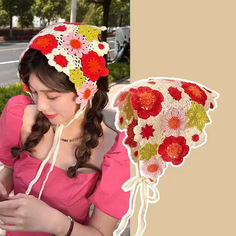 Korean Sweet Cute Handmade Crochet Hollow Triangle Headband Towel Women Spring and Summer Travel Literary Photo Hair Scarf