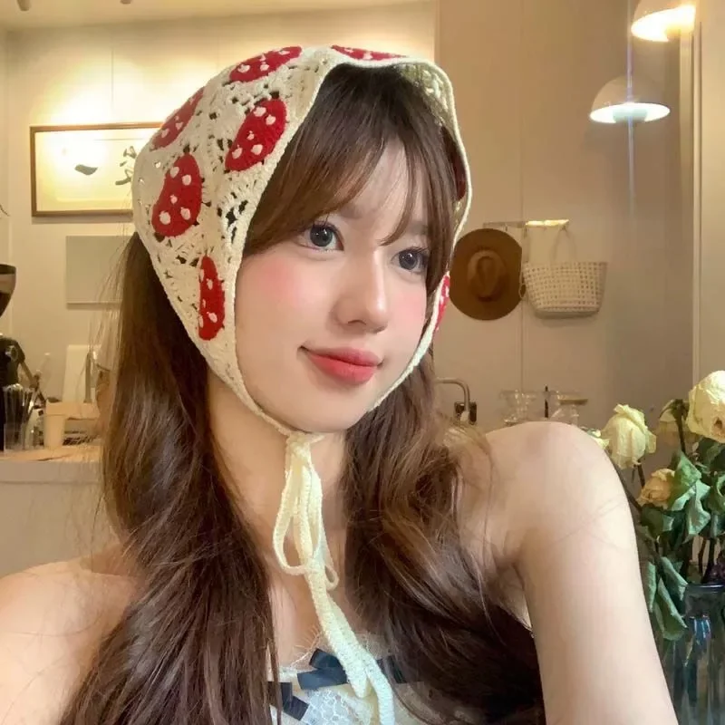 Korean Sweet Cute Handmade Crochet Hollow Triangle Headband Towel Women Spring and Summer Travel Literary Photo Hair Scarf