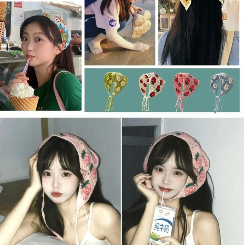 Korean Sweet Cute Handmade Crochet Hollow Triangle Headband Towel Women Spring and Summer Travel Literary Photo Hair Scarf