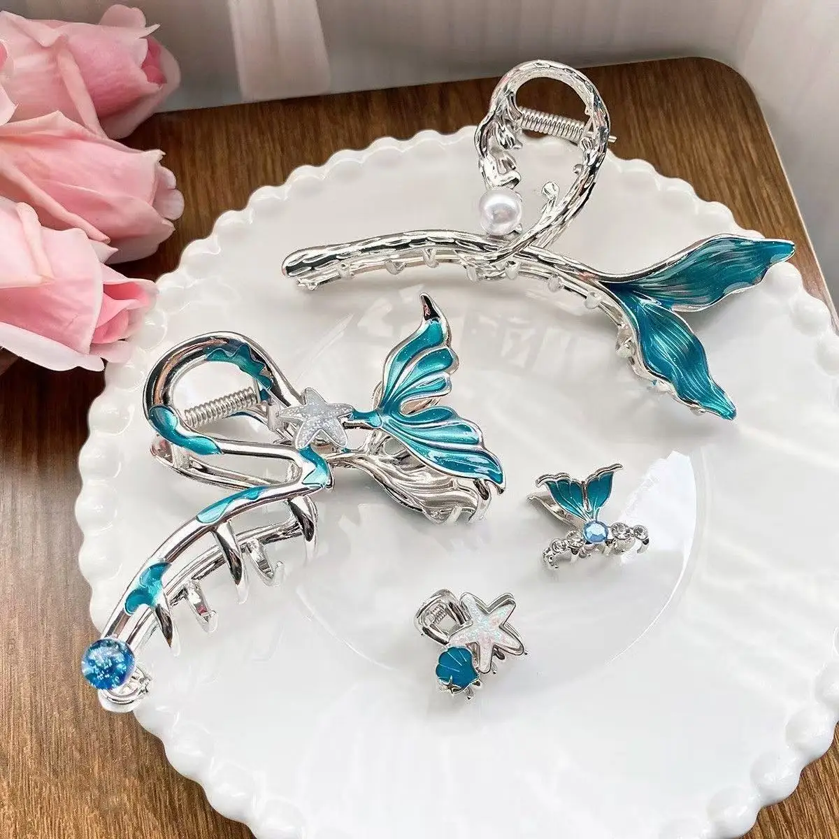 1pc blue fishtail metal grab clip large temperament beautiful starfish hairpin,back of the head shark clip hair ornament