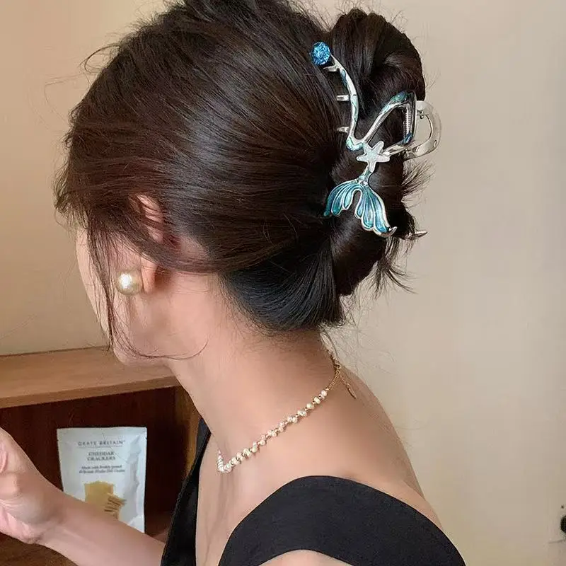 1pc blue fishtail metal grab clip large temperament beautiful starfish hairpin,back of the head shark clip hair ornament