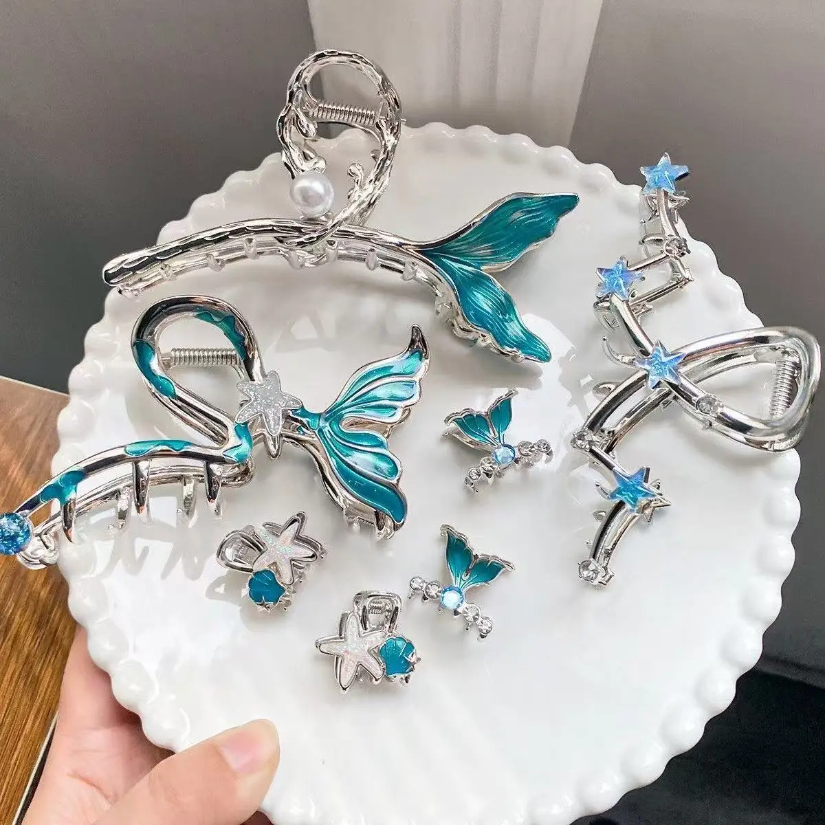 1pc blue fishtail metal grab clip large temperament beautiful starfish hairpin,back of the head shark clip hair ornament