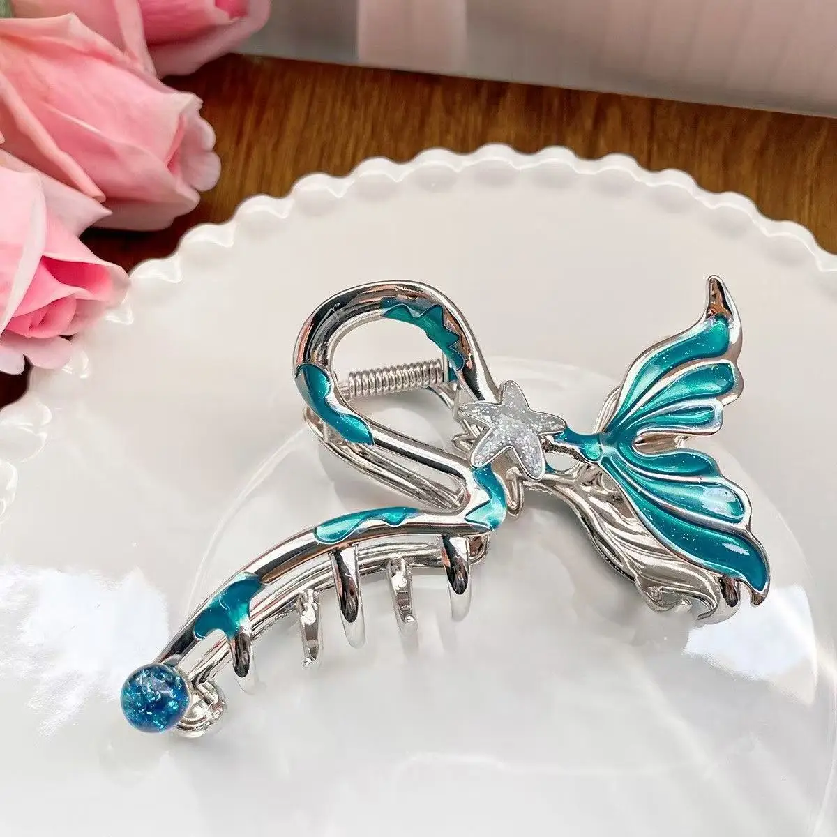 1pc blue fishtail metal grab clip large temperament beautiful starfish hairpin,back of the head shark clip hair ornament