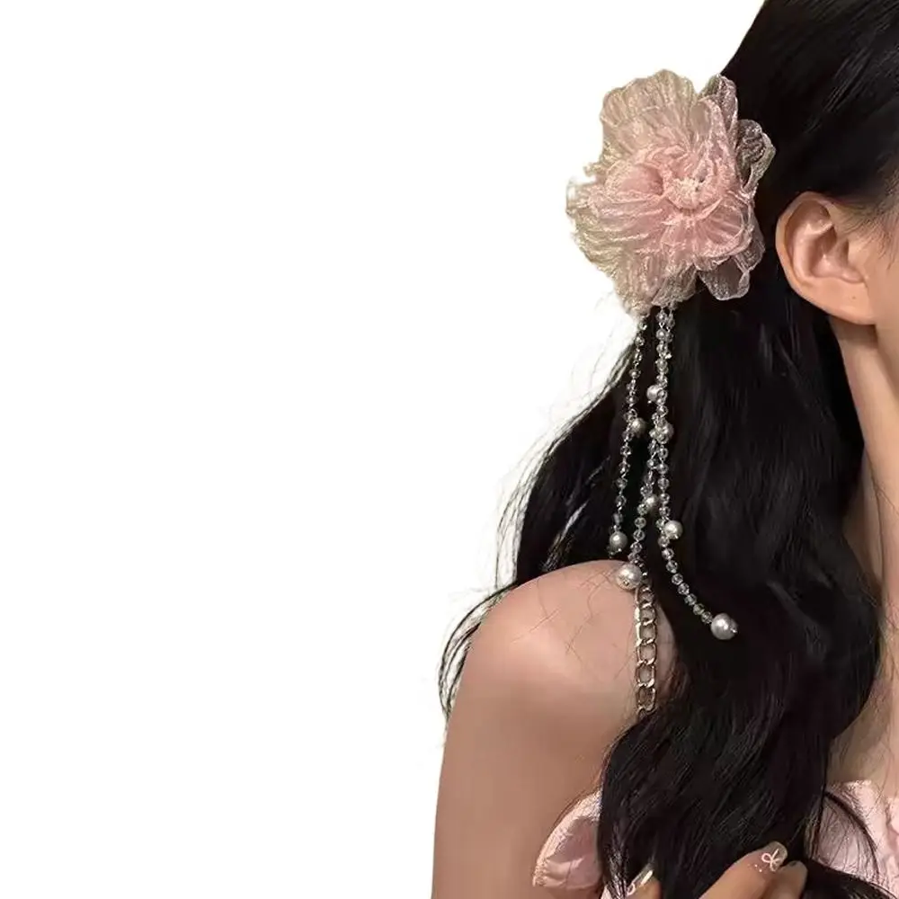 Elegant Pink Gauze Peony Flower Hair Clip Pearls Side Clip Styling Barrettes Hair Accessories Long Tassel Headwear Girls