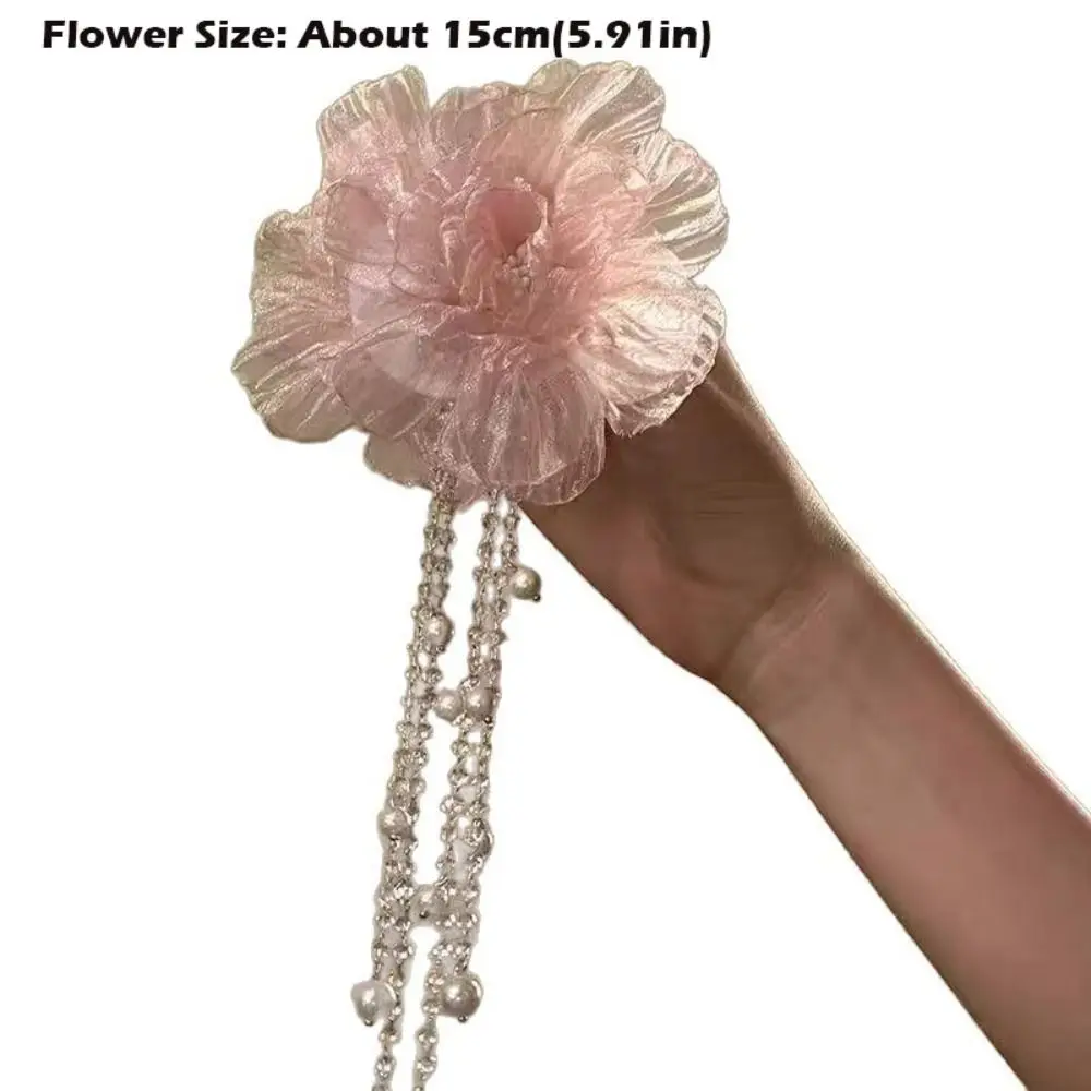 Elegant Pink Gauze Peony Flower Hair Clip Pearls Side Clip Styling Barrettes Hair Accessories Long Tassel Headwear Girls