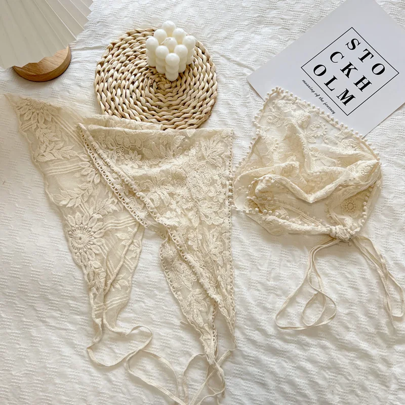 2025 New Style Lace Triangular Binder Headscarf Beige French Farm Style Girl Korean Style Ins Style Lace-up Hair Band Toe Cap