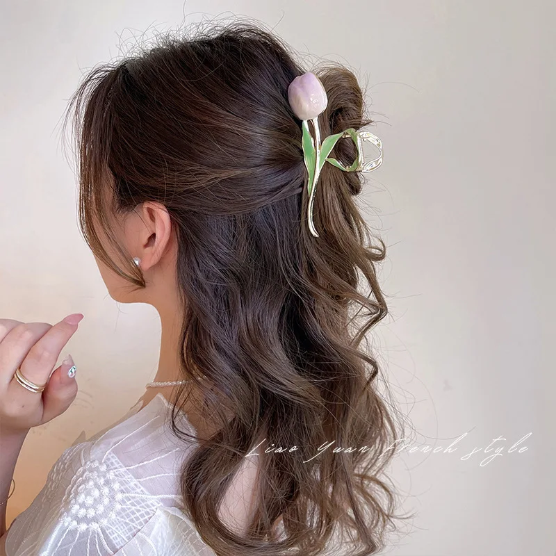 Small Fresh Tulip Flower Hairpin Back Head Grab Clip Pan Hair Shark Clip Japanese and Korean Style Senior Hair Accessories Women