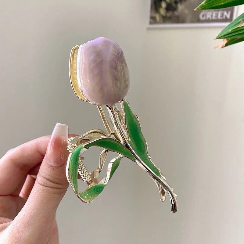 Small Fresh Tulip Flower Hairpin Back Head Grab Clip Pan Hair Shark Clip Japanese and Korean Style Senior Hair Accessories Women