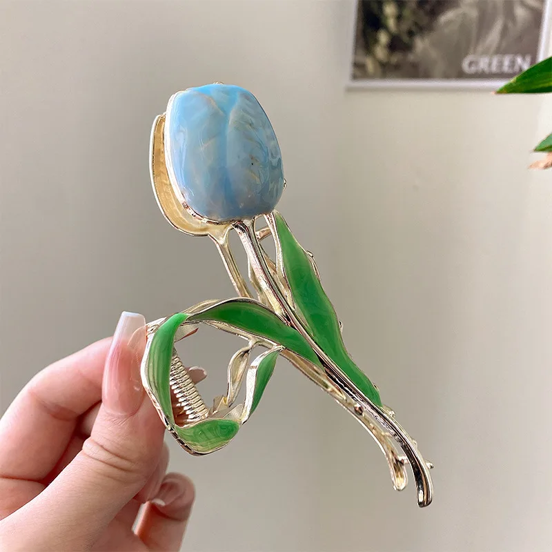 Small Fresh Tulip Flower Hairpin Back Head Grab Clip Pan Hair Shark Clip Japanese and Korean Style Senior Hair Accessories Women