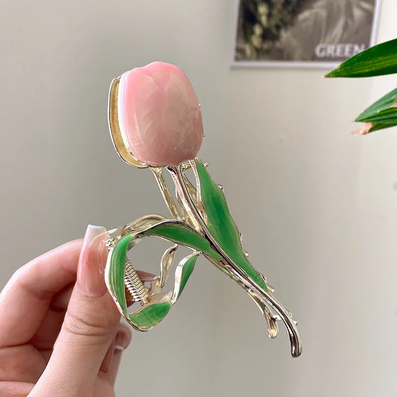 Small Fresh Tulip Flower Hairpin Back Head Grab Clip Pan Hair Shark Clip Japanese and Korean Style Senior Hair Accessories Women