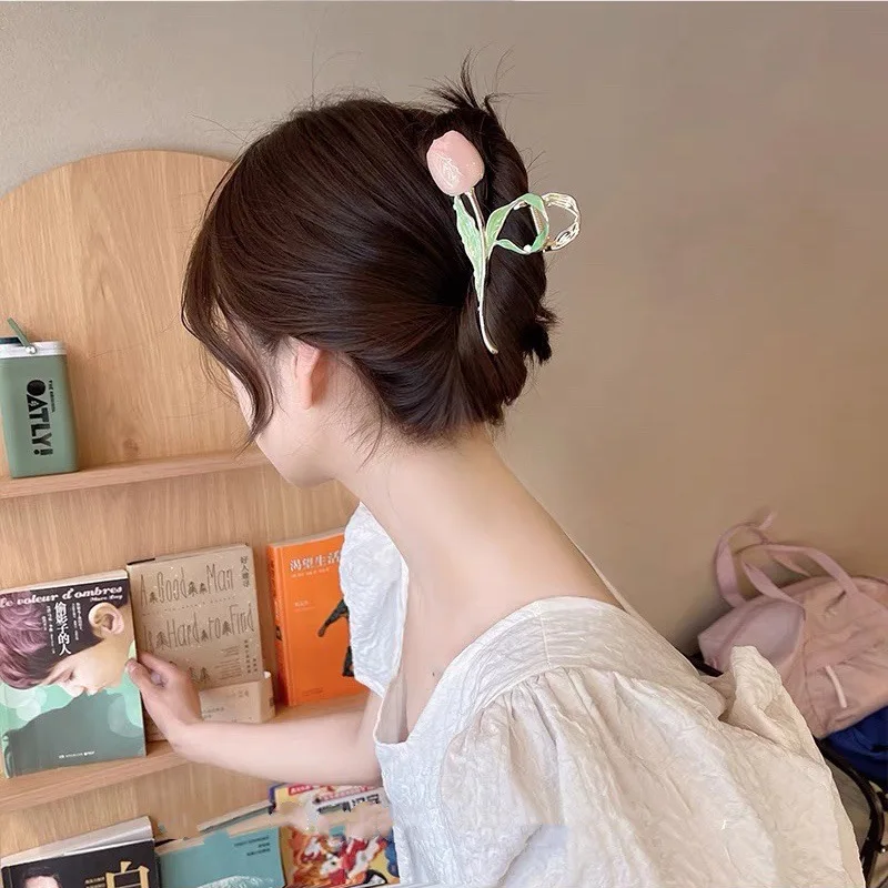 Small Fresh Tulip Flower Hairpin Back Head Grab Clip Pan Hair Shark Clip Japanese and Korean Style Senior Hair Accessories Women
