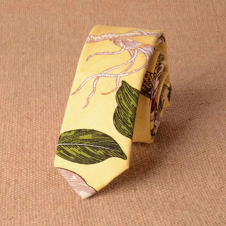 Men's Slim Cotton Linen 5cm Necktie Casual Tropical Skinny Designer Animal Narrow Vintage Floral Ties Wedding Accessories Gift