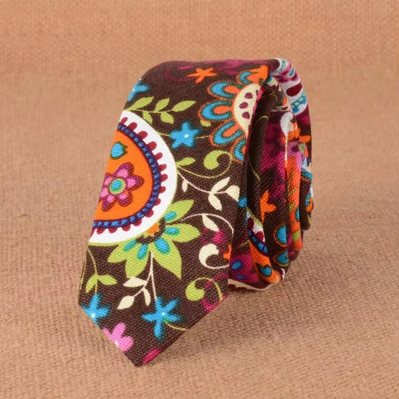 Men's Slim Cotton Linen 5cm Necktie Casual Tropical Skinny Designer Animal Narrow Vintage Floral Ties Wedding Accessories Gift