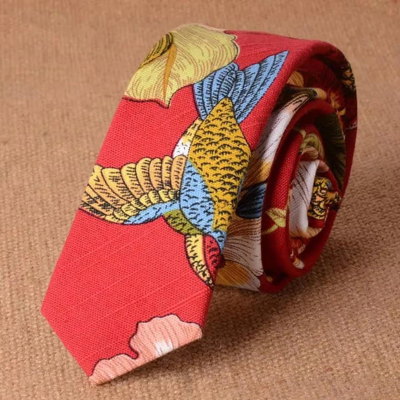Men's Slim Cotton Linen 5cm Necktie Casual Tropical Skinny Designer Animal Narrow Vintage Floral Ties Wedding Accessories Gift