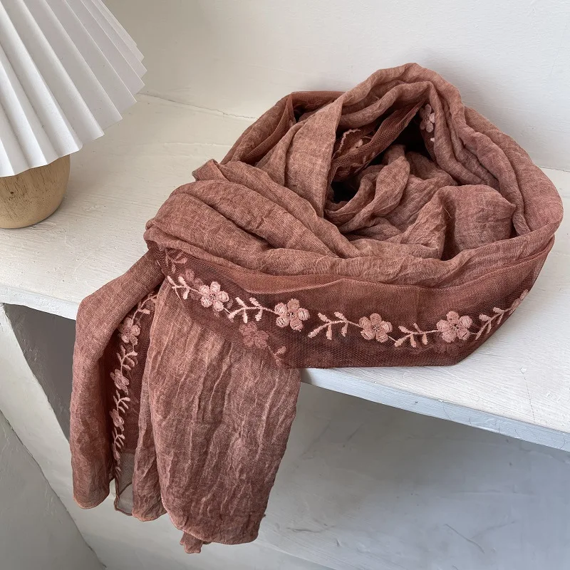 Cotton Linen Lace Splicing Scarf Lady Breathable Super Fairy Tulle Towel Literary Embroidery New Spring and Summer