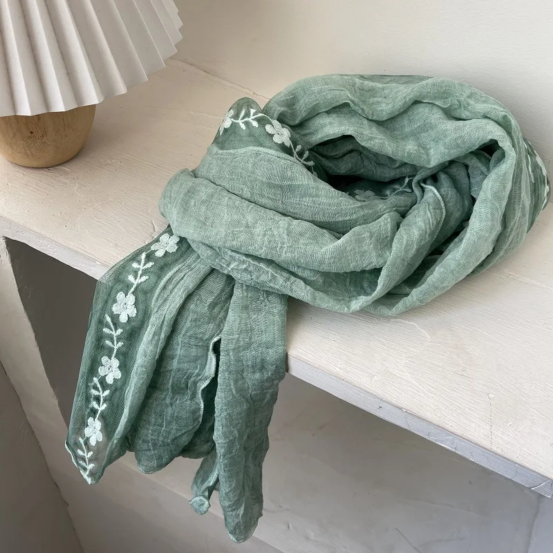 Cotton Linen Lace Splicing Scarf Lady Breathable Super Fairy Tulle Towel Literary Embroidery New Spring and Summer