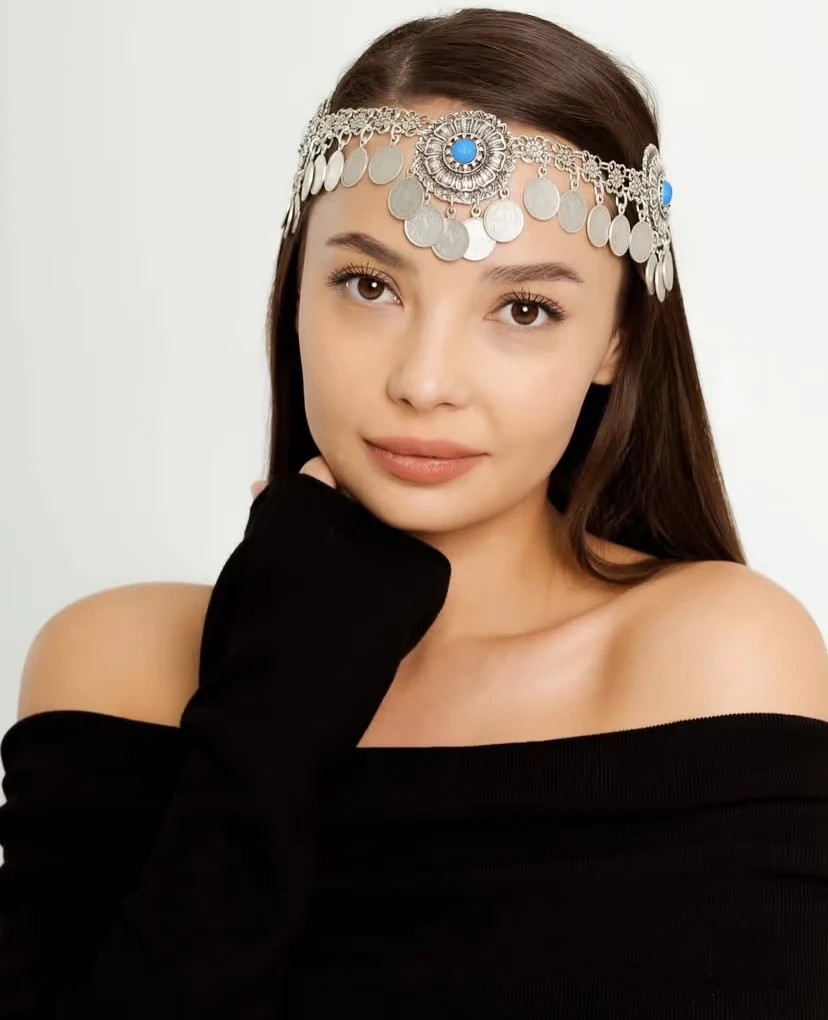 Afghan Vintage Alloy Coin Tassel Turquoise Head Chains for Women Bohemian Boho Tribal Gypsy Statement Hairband Ethnic Jewelry