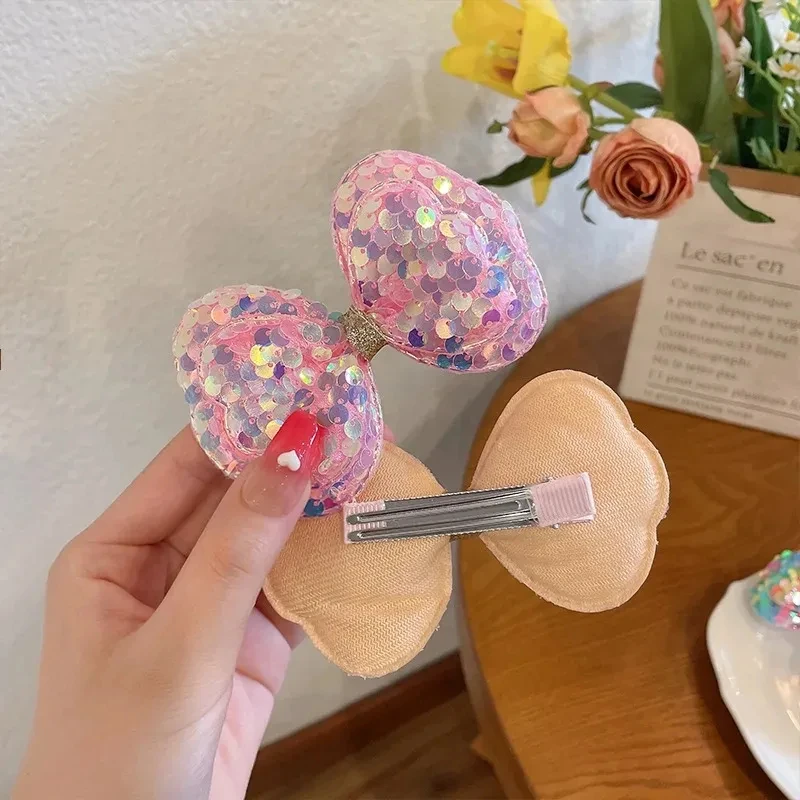 5PCS Long Gradient Color Sequin Glitter Big Bow Hair Clips For Girl Kids Cute Kawaii Princess Fairy Hairpin Fashion Accessories