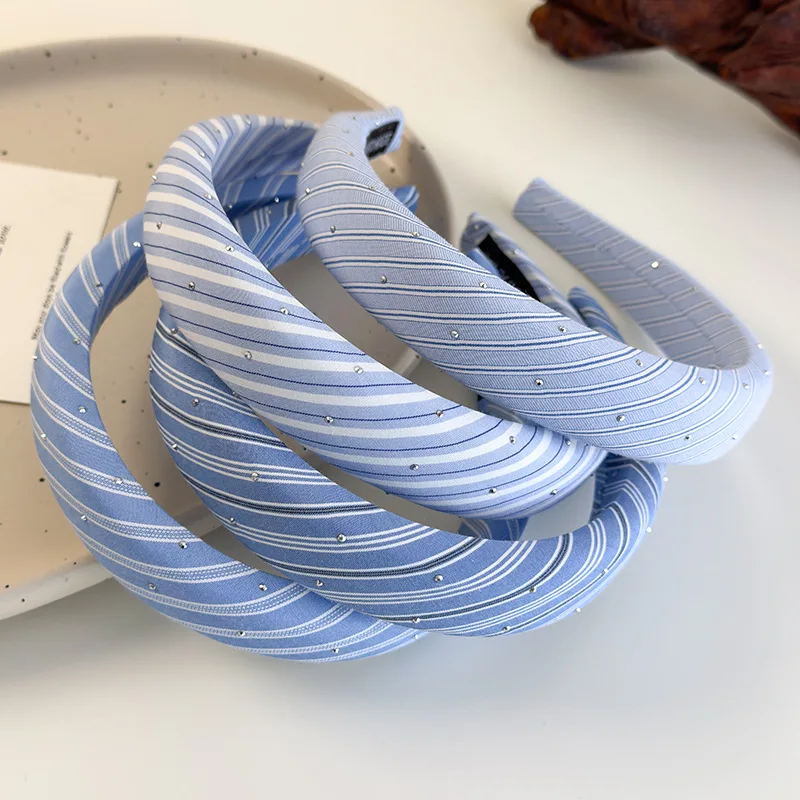Beach Blue Striped Headbands New Twill Fabric Sponge Hair Hoop for Womans Girls Sweet Elegant Hair Band Fashion Retro Headdress