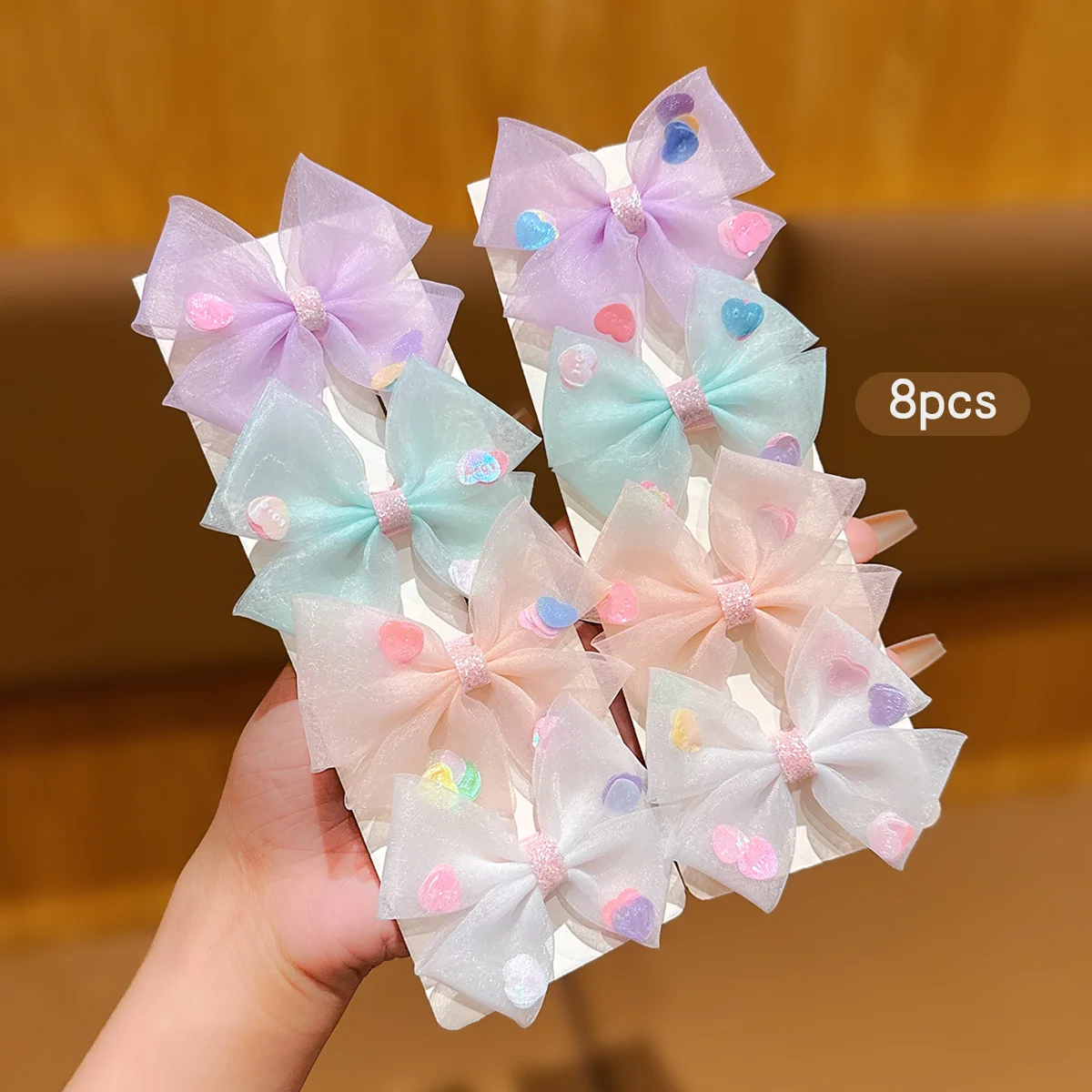 8 colorful heart-shaped bow hair clips, simple hair accessories suitable for daily use as headwear
