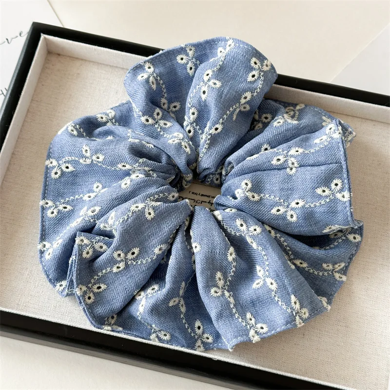 Brand Designs Japan Fashion Large Size Hair Scrunches Hollow Out Denim Scrunchies Big Hair Chouchou Ponytail Hairties