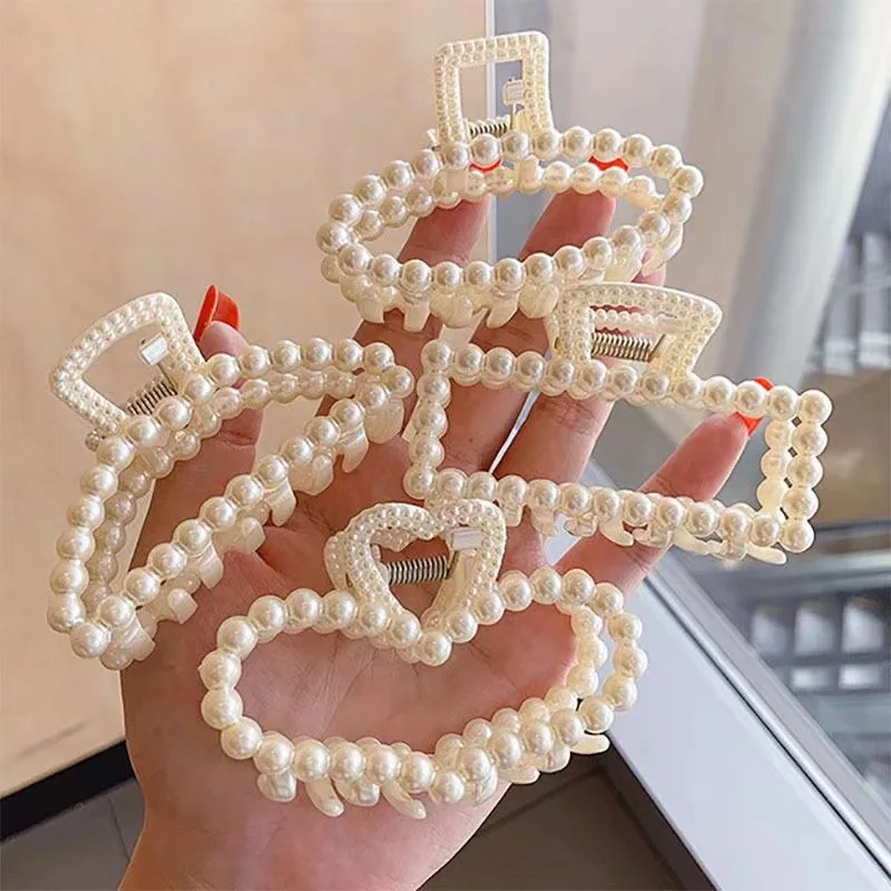 1Pcs Large White Pearl Hair Claw Clips for Women Girls Non Slip Hair Clamp Fashion Hair Accessories Headwear for Party Wedding