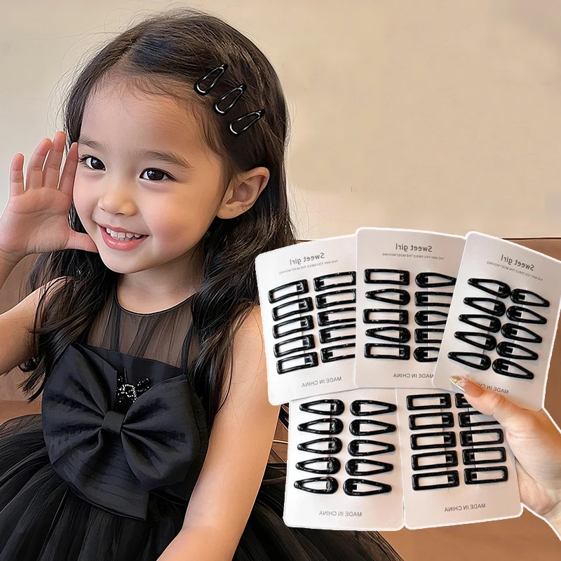 10pcs/set Girls Mini Black Alloy Bobby Pins Water Drop Rectangle Hairpins Children Baby Non-slip No Damage Hair Clips Headwear