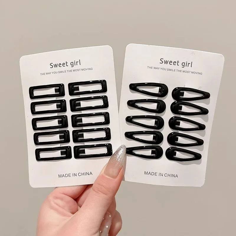10pcs/set Girls Mini Black Alloy Bobby Pins Water Drop Rectangle Hairpins Children Baby Non-slip No Damage Hair Clips Headwear