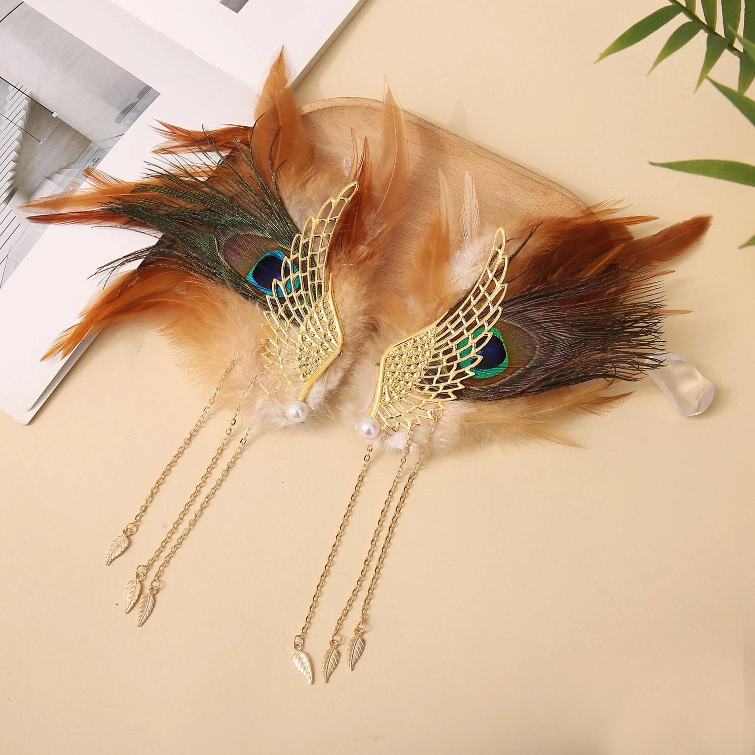 Angel Wings Feather Two tone Feather Tassel Pair Clip Devil Wings Hairpin Edge Clip Female