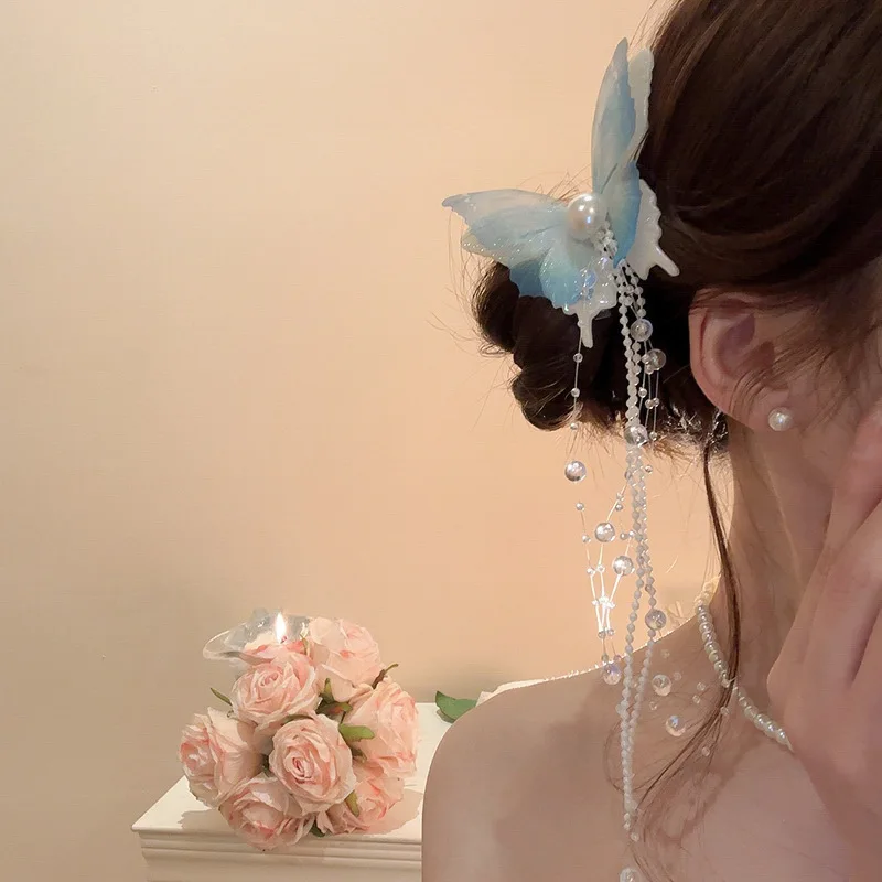 Fairy Tassel Hair Clip For Women Mermaid Pearl Butterfly Side Hairpin Exquisite Elegant Wedding Party Travel Hair Accessories