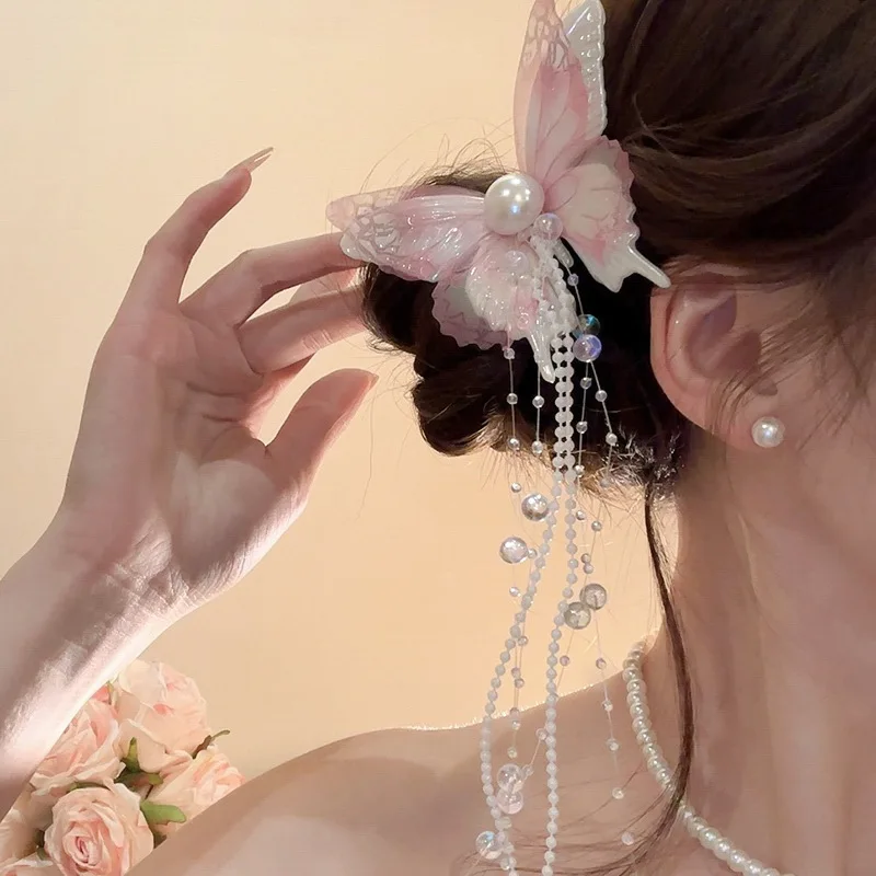 Fairy Tassel Hair Clip For Women Mermaid Pearl Butterfly Side Hairpin Exquisite Elegant Wedding Party Travel Hair Accessories