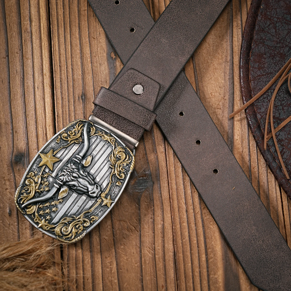 Men - Women - Western Denim - PU Leather - Belt - Vintage Jeans with Floral Carved Buckle Belt