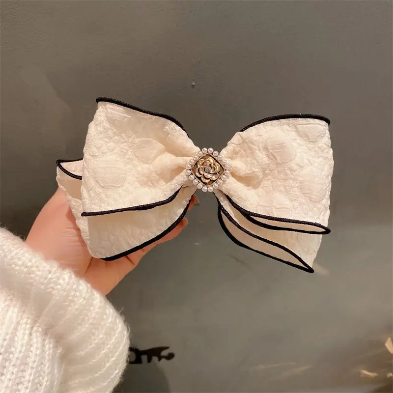 1pc French elegant small fragrance bow pearl double-layer top clip spring clip girl hair clip hair accessory clip headband