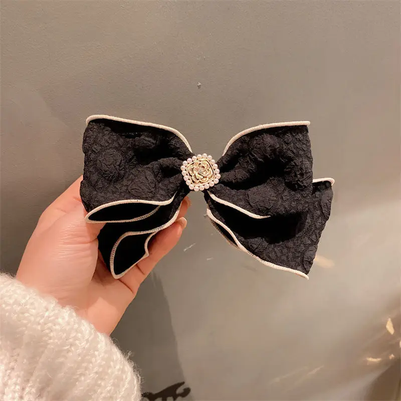 1pc French elegant small fragrance bow pearl double-layer top clip spring clip girl hair clip hair accessory clip headband