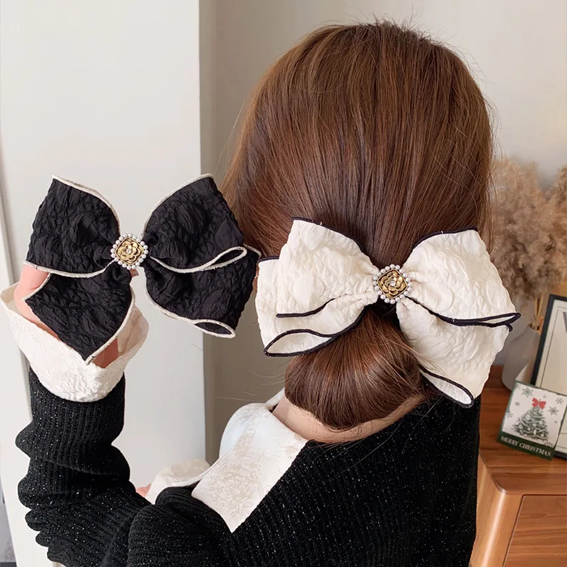 1pc French elegant small fragrance bow pearl double-layer top clip spring clip girl hair clip hair accessory clip headband