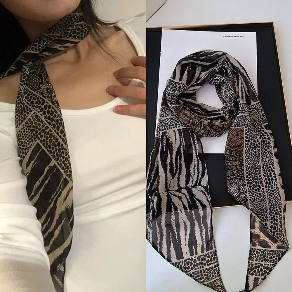 Leopard Small Long Silk Scarf Women Chiffon Strap Winter Warm Windproof Y2k Irregular Scarf Waste World Punk for Nightclub Party