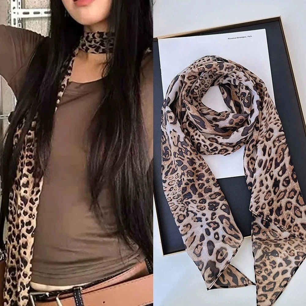 Leopard Small Long Silk Scarf Women Chiffon Strap Winter Warm Windproof Y2k Irregular Scarf Waste World Punk for Nightclub Party