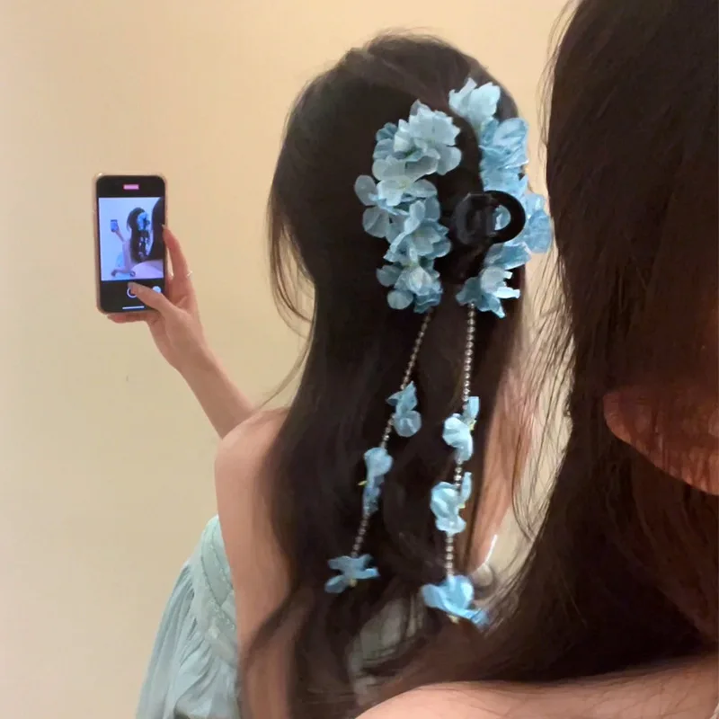 Flower Waterfall Blue Hydrangea Flower Fringe Grab Clip Atmosphere Back Head Disc Hair Shark Clip Hairpin Headgear Mori