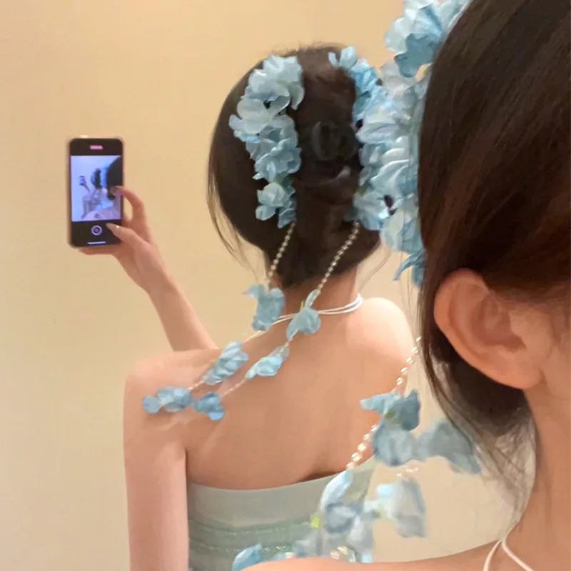 Flower Waterfall Blue Hydrangea Flower Fringe Grab Clip Atmosphere Back Head Disc Hair Shark Clip Hairpin Headgear Mori