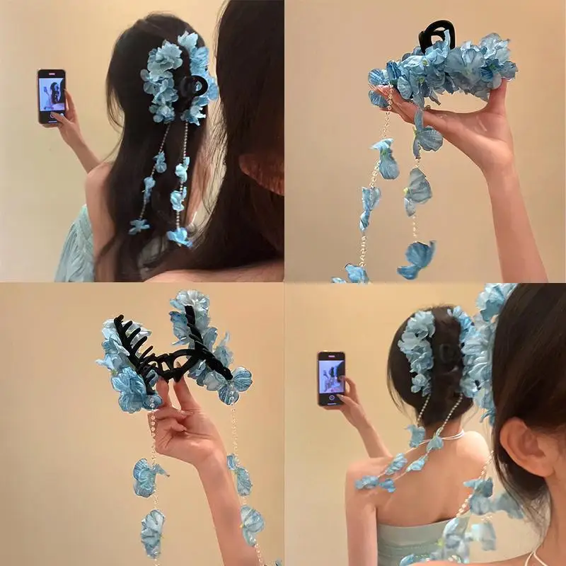 Flower Waterfall Blue Hydrangea Flower Fringe Grab Clip Atmosphere Back Head Disc Hair Shark Clip Hairpin Headgear Mori