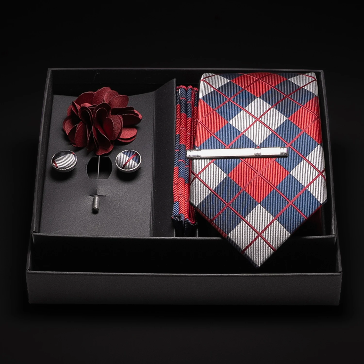 JEMYGINS New Designer Silver Gray Ties For Men Wedding Party Neck Tie Pocket Square Cufflink Pin Gift Box Set Gravat Accessories